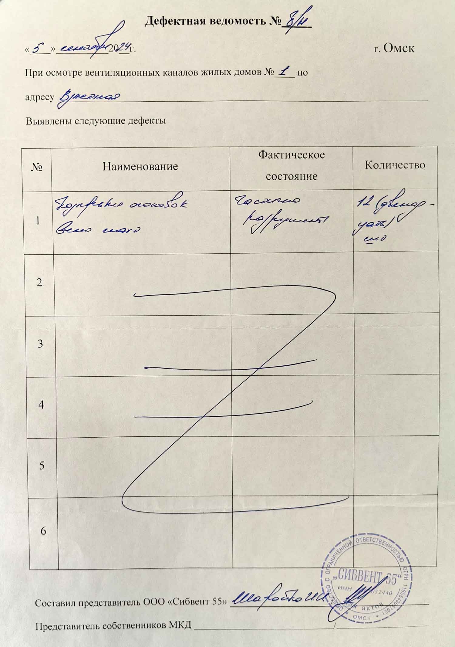 Акт от ООО «Сибвент 55» от 05.09.2024 г. обследование вентиляционных каналов. Стр. 2.