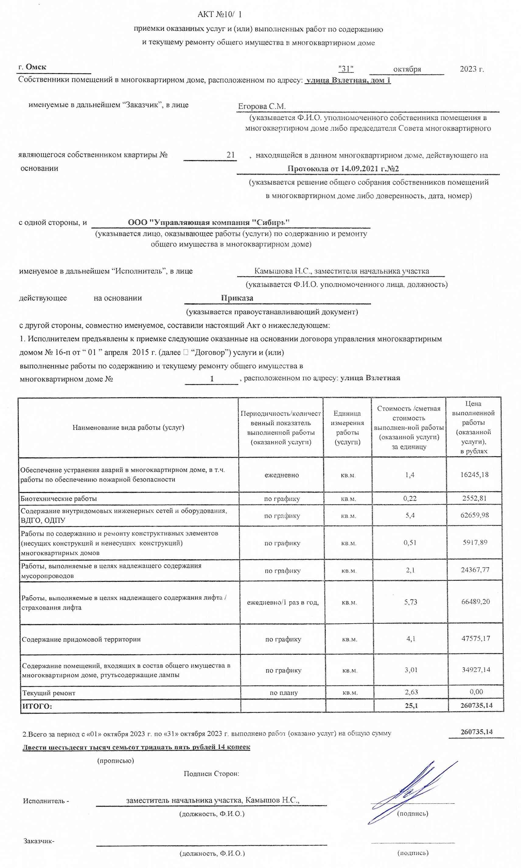 Акт приёмки услуг и работ ООО УК "Сибирь" в октябре 2023