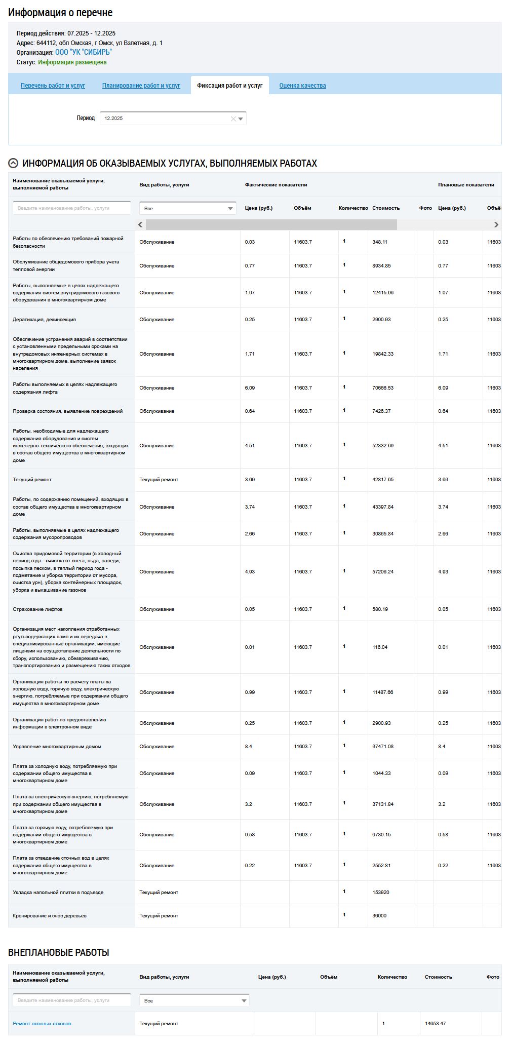 Перечень фактически выполненных услуг ООО УК "Сибирь" в декабре 2025. Последний.
