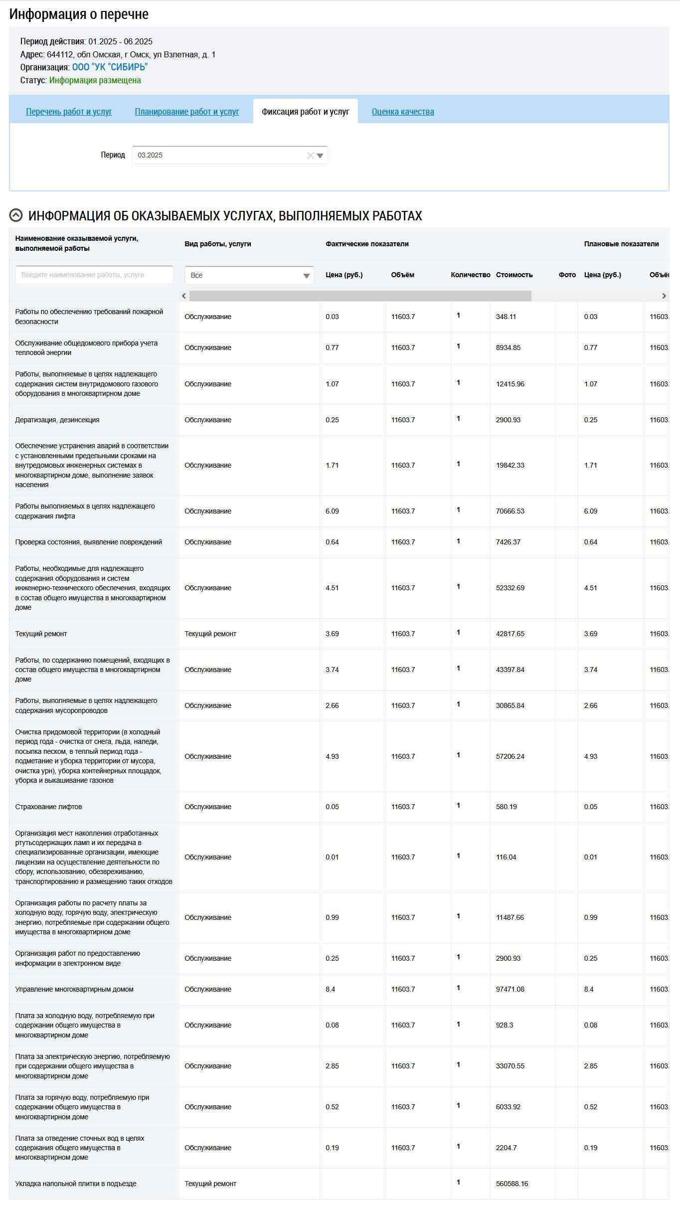 Перечень фактически выполненных услуг ООО УК "Сибирь" в марте 2025