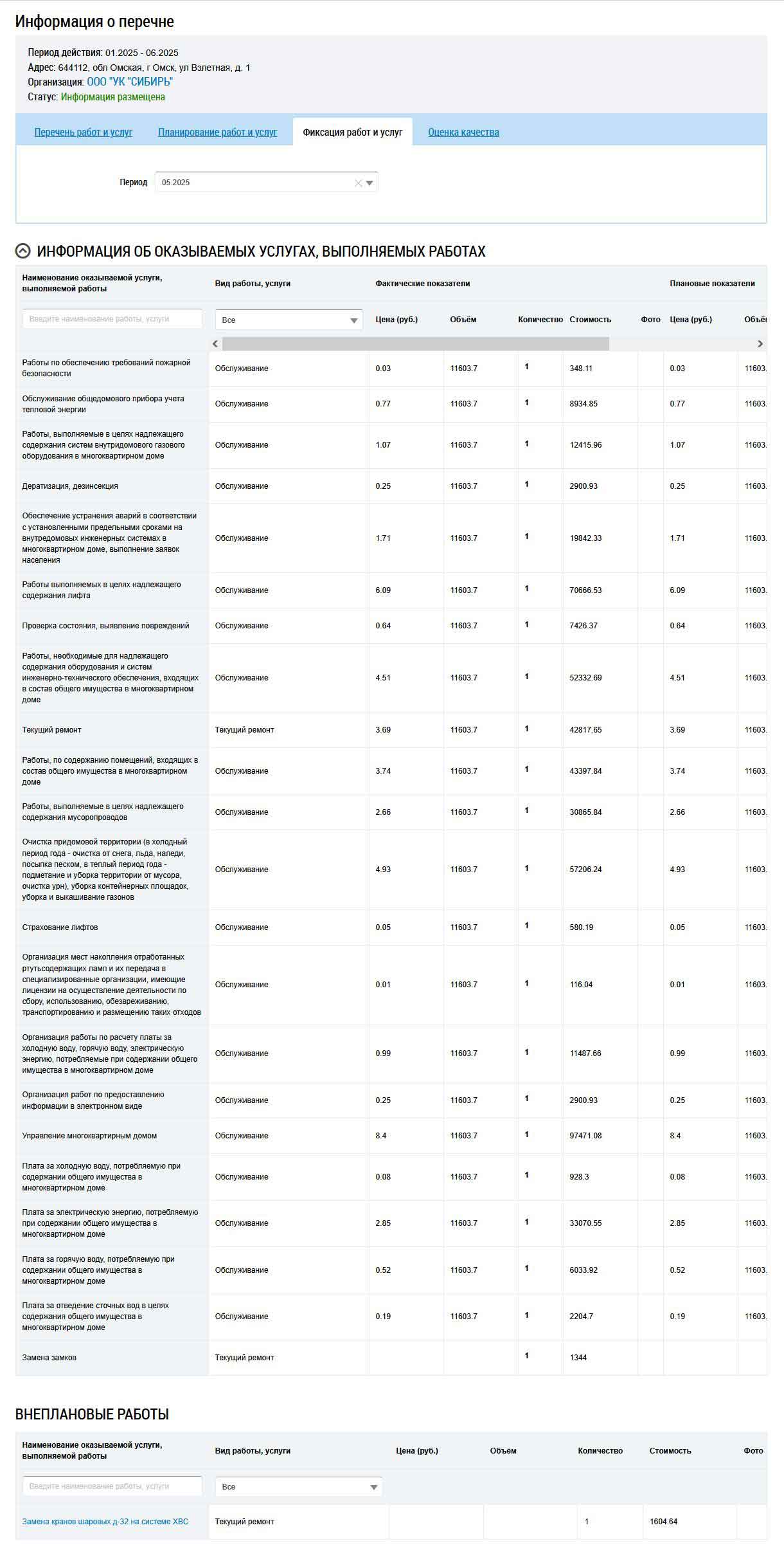 Перечень фактически выполненных услуг ООО УК "Сибирь" в мае 2025