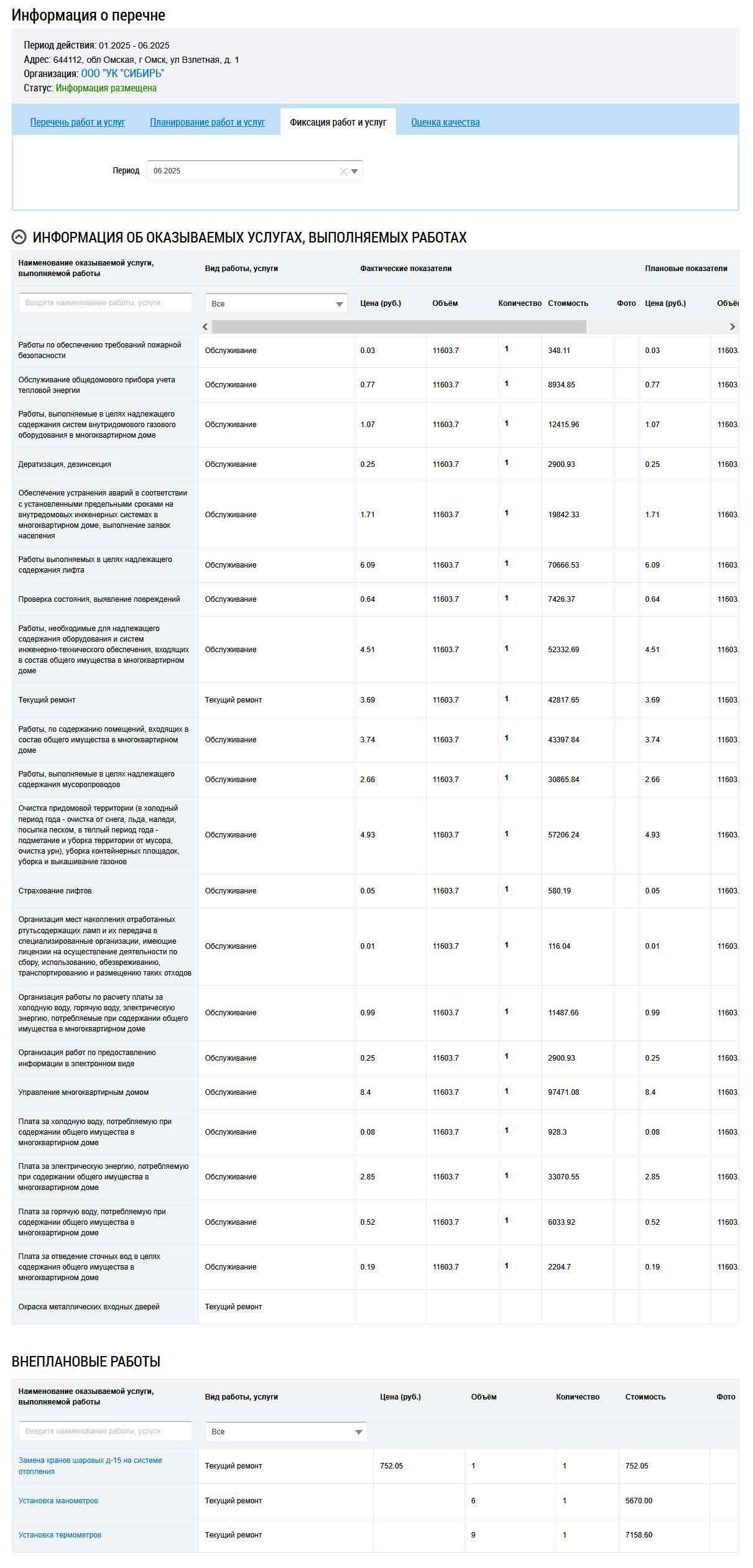 Перечень фактически выполненных услуг ООО УК "Сибирь" в июне 2025