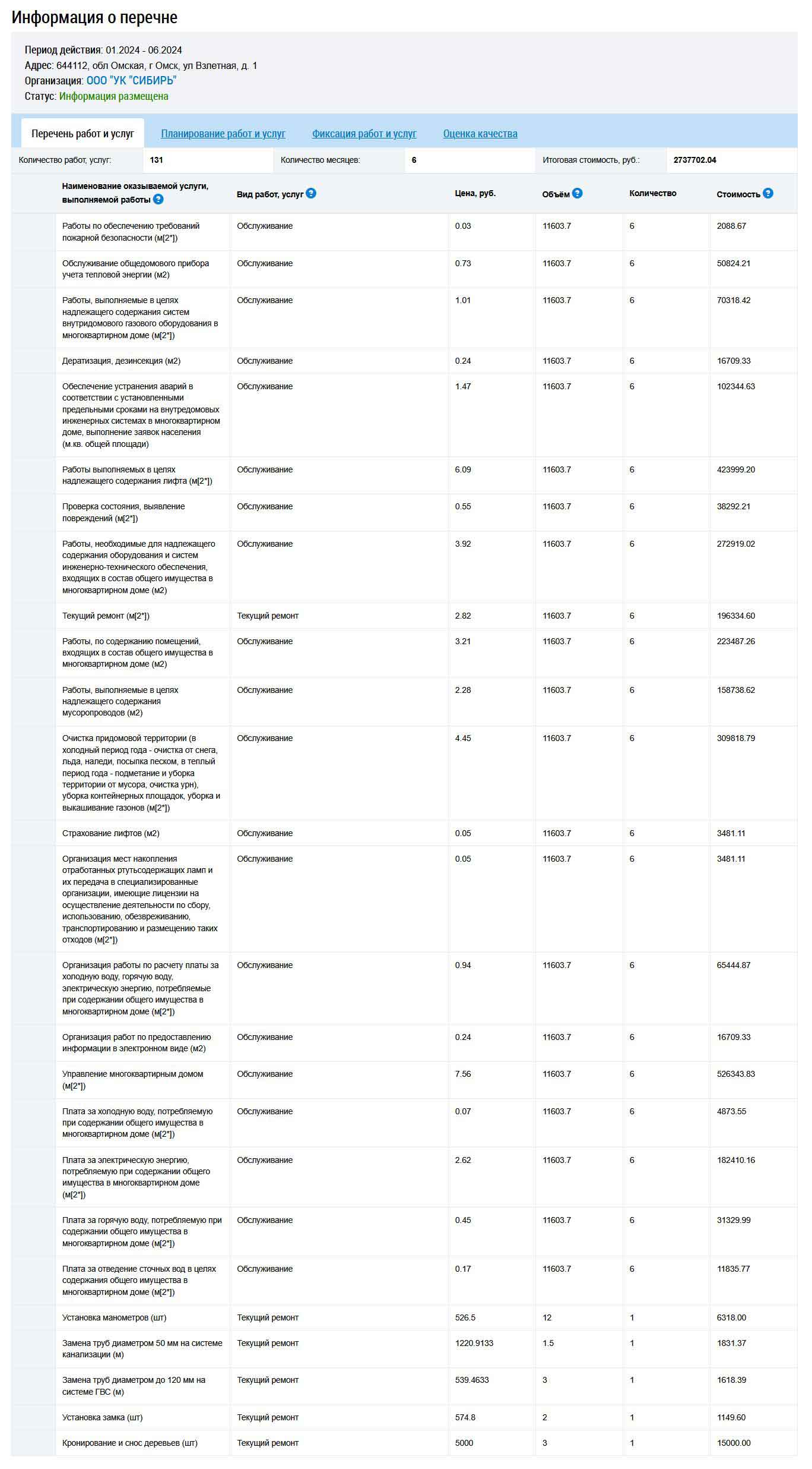 Перечень услуг ООО УК "Сибирь" в период 01-06.2024
