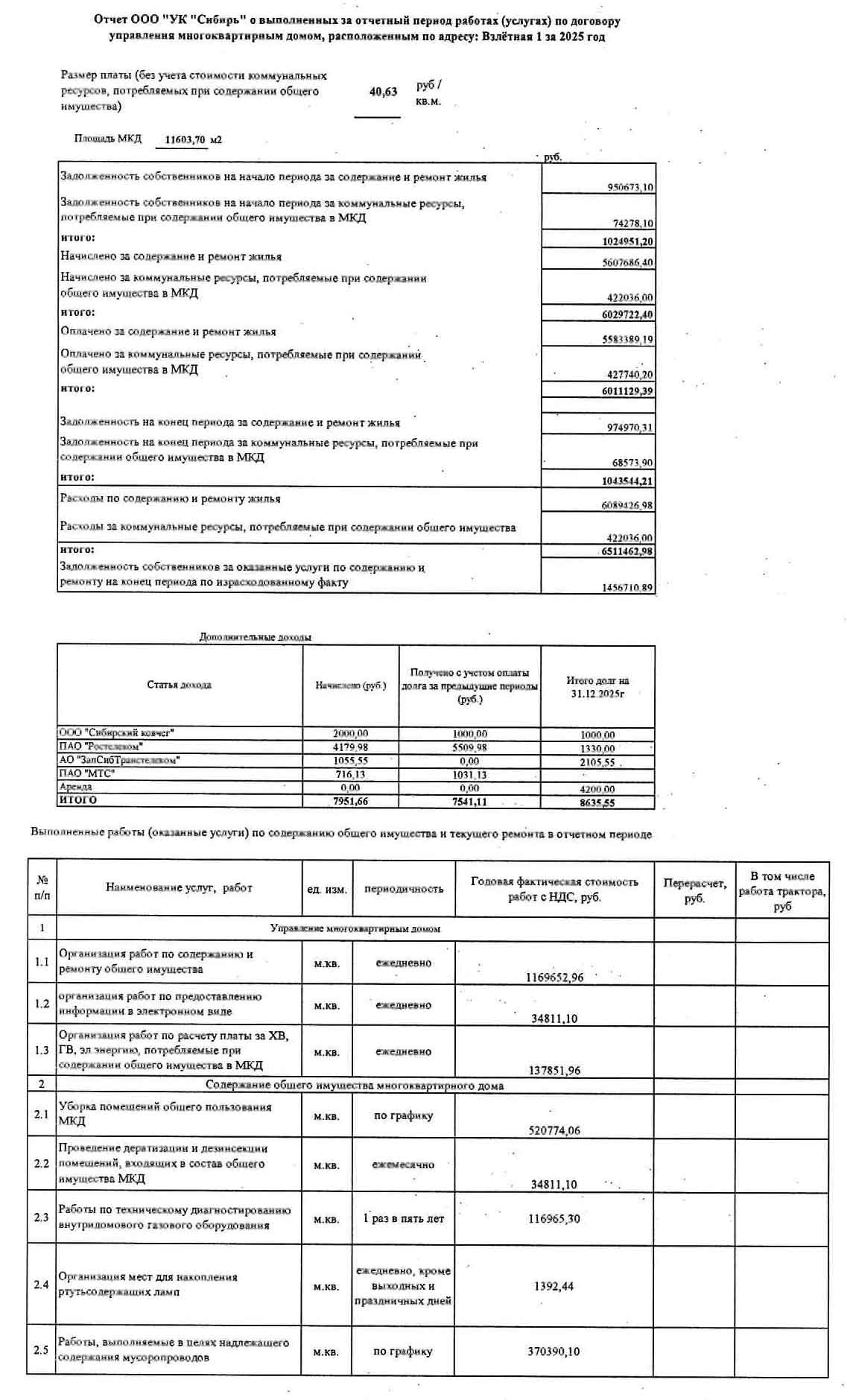 Отчёт ООО УК "Сибирь" о выполненных работах и услугах за 2025 г. стр. 1. из ГИС ЖКХ