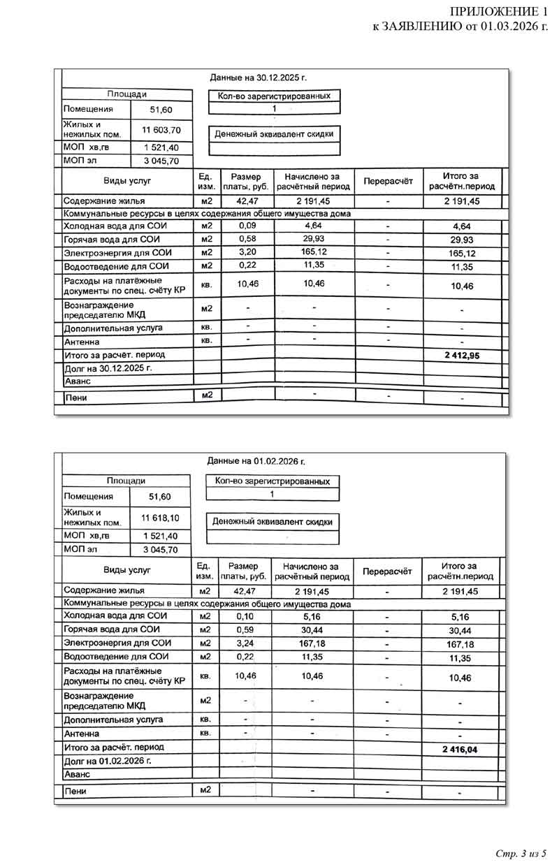 Заявление в ГЖИ о нарушение порядка расчёта платы за коммунальные услуги на общедомовые нужды от 01.03.2026 г. Стр. 3.
